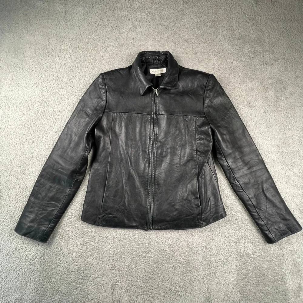 Genuine Leather Jacket Womens Medium Black Zip Up Moto Casual Corner